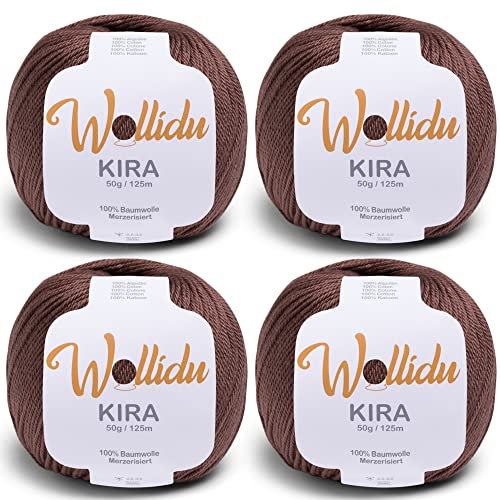 Wollidu Kira - Lot de 4 x 50 g pelotes de fil à tricoter 100 % coton - Pour tricot et crochet - Marron