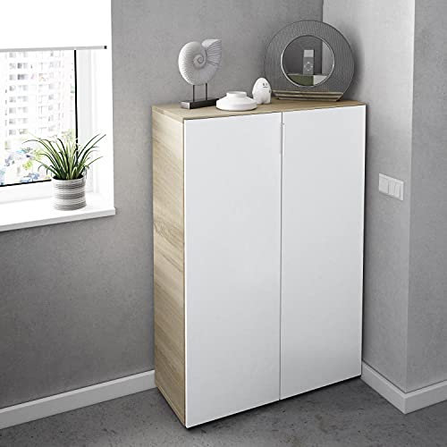 Dmora Armadio Multiuso 2 Ante Olathe, Mobile ausiliario, Guardaroba Basso Porta Scarpe con 6 Ripiani, Scarpiera Bassa, 70x36h103 cm, Rovere e Bianco