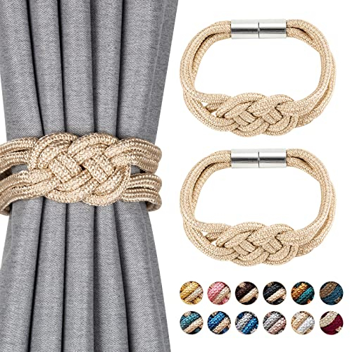 Pretty Jolly 2 Stück Starke Magnetische Raffhalter für Vorhänge, Dekorative Vorhang-Raffhalter, Handgewebtes Seil, Knoten-Vorhanghalter für Zuhause und Büro, Fenstervorhänge (Beige)