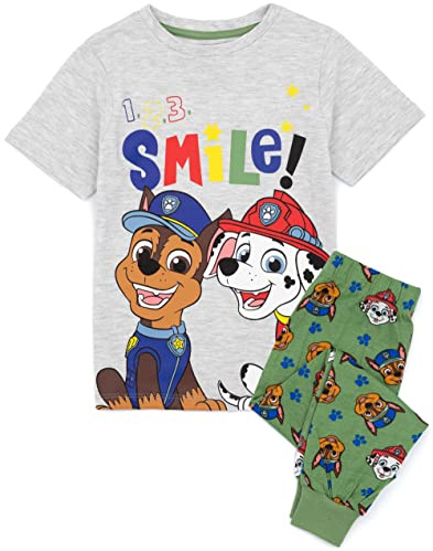 Paw Patrol Boys Pyjamas Kids Girls Chase Marshall Smile Pjs Sets | Short Sleeve Grey T-Shirt With Green Long Bottoms | Children TV Series Merchandise