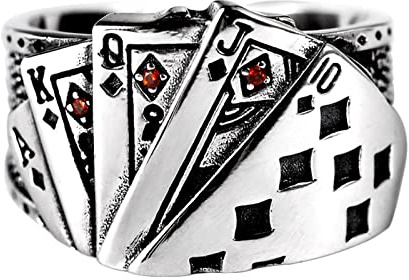 KnBoB 925 Silber Ring für Herren, Poker mit Rot Zirkonia Schmuck Ring Größe Verstellbar