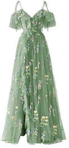 Basgute Women's Floral Embroidery Tulle Ball Gown with Long Slit, Spaghetti Straps, V-Neck Formal Evening Dress, Fairy Style, UK 20, 18