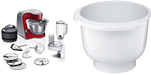Bosch Küchenmaschine MUM5 MUM5X720, integrierte Waage,Edelstahl-Schüssel 3,9L, Mixer 1,25L, 1000 W, Silber/Dunkelrot & Kunststoff-Rührschüssel MUZ5KR1, 3,9 Liter, max. Teigmenge 2,7 kg
