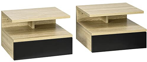 HOMCOM Lot de 2 Tables de Chevet murales - Lot de 2 Tables de Nuit - tiroir Coulissant, Niche, Plateau - Panneaux Particules chêne et Noir