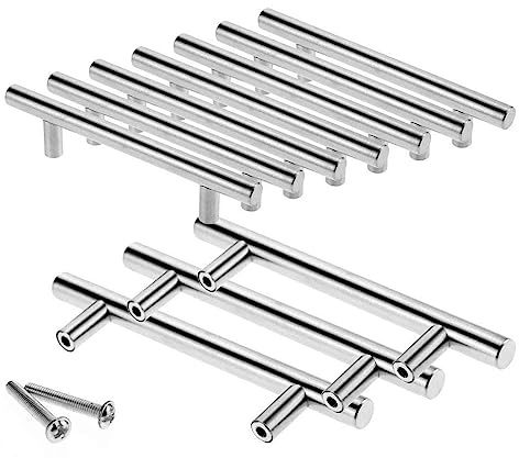 Shentian 10 Pcs Cabinet Handles, Stainless Steel T bar Handle Kitchen Cup Board Cabinet Door Knobs,Brushed Nickel Stainless Steel Kitchen Cabinet New, Cabinet Pulls (Silver, 128 * 200mm)