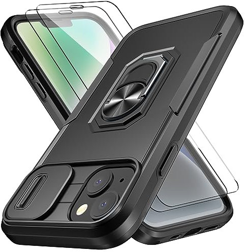 Giolus for iPhone 14 Case with Slide Camera Cover + 2 Pack Screen Protector, Military Shockproof Full Body Protective Rugged Phone Case, Built in 360° Ring Holder Kickstand, Black