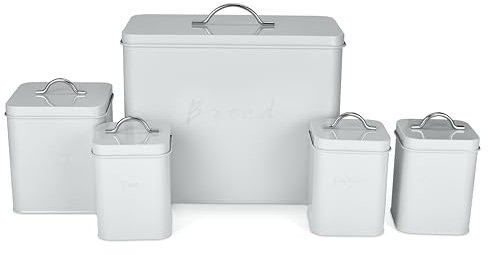 Bravich Set of Kitchen Storage Canisters (5 Pcs) - Luxury Light Powder Blue Tea Coffee Sugar Canisters with Stylish Biscuit Tin & Bread Bin, Set of 5 Easy to Clean Storage Kitchen Accessories.