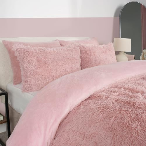 OHS Pink Teddy Fleece Bedding King Size Fluffy Shaggy, Thermal Bedding Quilt Covers Bear Fleece Reverse Super Soft Kingsize Duvet Covers with Pillowcases