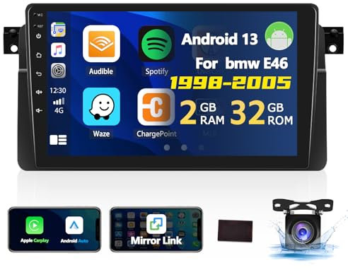 [2G + 32G] Autoradio Android 13 für BMW E46 1998-2006 mit Carplay Android Auto, Radio Touchscreen 9 Zoll mit GPS WiFi FM/RDS EQ Bluetooth Mirror Link Canbus + AHD Rückfahrkamera & Mic