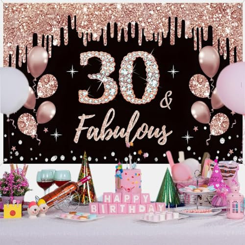 30th Birthday Decoration for Women, 30th Birthday Decoration Black and Rose Gold Glitter Spots Fabric Sign Poster Background Banner Woman 30th Birthday Party Decoration