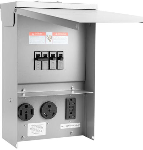 Boîtes de prises électriques temporaires résistantes aux intempéries avec disjoncteur de 30 à 50 A, panneau de sortie GFCI 20 A pour camping-car, voiture, générateur de voyage (mise à jour)