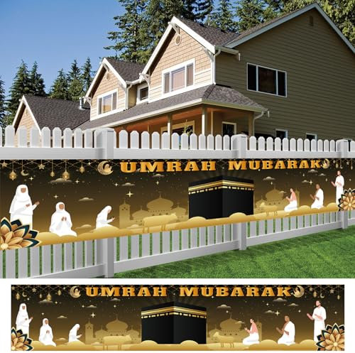 Umrah Mubarak Banner Deko, Extra Große Stoff Ramadan Kareem Backdrop für Dekorationen, 98 x 20 Zoll Schwarz Gold Stern Mond Schlösser Photo Booth Hintergrund für Islamic Muslim Al-Fitr Party Zubehör