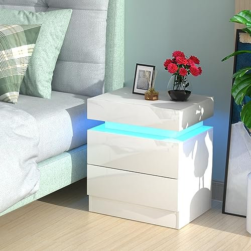 Lvhcmfohm Nachttisch Weiß mit Led Licht, Nachtschrank, Nachtkommode mit 2 Schubladen und Schränke mit Klappdeckel (45x35x52cm)