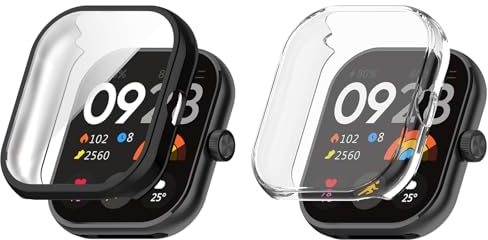 Kobmand 2pcs Funda Compatible con Xiaomi Redmi Watch 4 Funda Protectora, TPU Full Cover Película Protectora Funda Protectora para Xiaomi Redmi Watch 4 (Black+Clear)