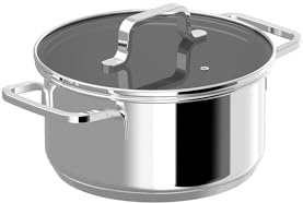 BergHOFF Helix 7.25in Stockpot/Cooking Pot 2.2qt. With Glass Lid Recycled 18/10 Stainless Steel Induction Pot For Stew Soup Steam Fast Heating Oven Safe
