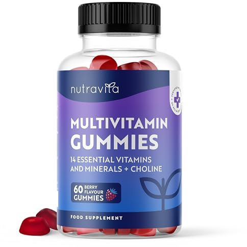 Vegan Multivitamin Gummies for Women & Men – 60 Berry Flavour Chewable Adult Multivitamins (2 Month Supply) Daily Supplement with 14 Vitamins & Minerals incl. Vitamin C D3 B12 Biotin Zinc – Nutravita