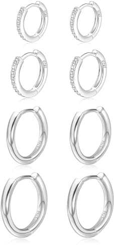 Ohrringe Silber Set 4 Paare 925 Sterling Silber Creolen Ohrringe Set Hypoallergen Klein Schlafen Creolen Ohrringe mit Silber Kreolen Ohrringe Set in 8/10/12/14mm (Silber 4 paar Damen Ohrringe)