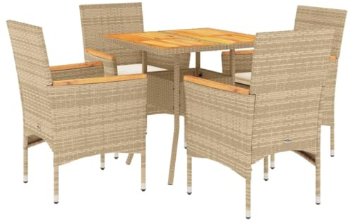 vidaXL Garten Essgruppe 5-TLG., Gartenmöbel Set mit Kissen, Gartengarnitur Tisch 4 Stühle, Lounge Sitzgruppe Sitzgarnitur, Beige Poly Rattan Akazie