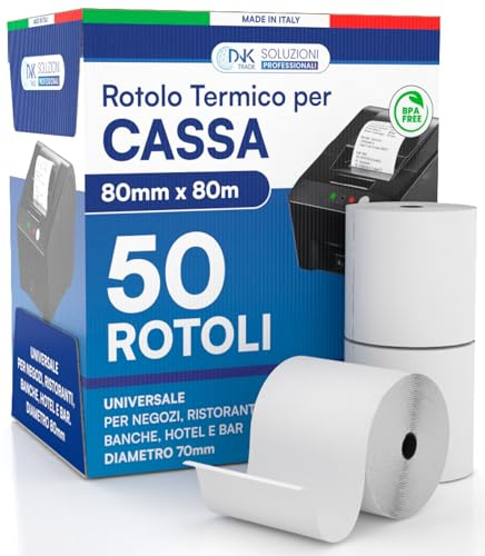 Thermorollen für Registrierkassen – 50 Rollen aus zugelassenem Thermopapier 80 mm x 80 m, universal, hochwertig, mit Durchmesser 70 mm, BPA-frei, kompatibel mit Nexi Axerve Ingenico