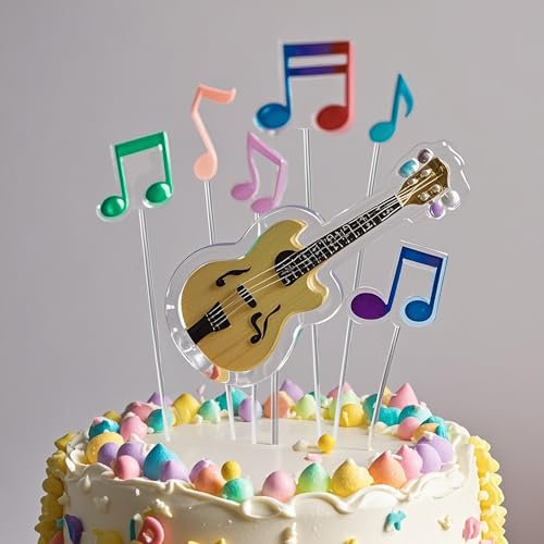 ZEIZOMZER Guitar Cake Topper Kit (7 Pcs), Acrylic Music Cake Toppers, Music Themed Cake Decorations, Music Notes Cake Toppers for Birthday, Music Themed Party