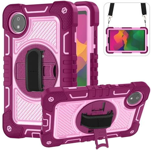 YOUULAR Custodia per tablet Xiaomi Redmi Pad SE 8.7/Redmi Pad SE 4G in India, custodia antiurto per tablet con supporto rotante a 360° e cinturino da polso, tracolla, rosa rossa e rosa