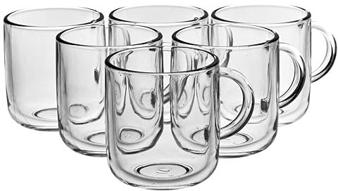 Queensway Home & Dining 6-Piece Iconic Glass Mug Set - Clear Coffee & Tea Cups with Easy-Grip Handle for Hot & Cold Drinks, Ideal for Everyday Use, Dishwasher Safe, 245 ml