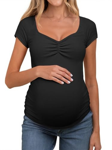 Tankaneo Womens V Neck Maternity Tops Cap Sleeve Fitted Breastfeeding T Shirts Summer Pleated Pregnancy Clothes Black