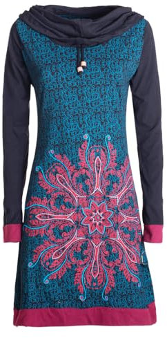 Vishes - Alternative Bekleidung - Damen Schal-Kragen Mandala-Kleid Langarm-Shirtkleid Baumwollkleid schwarz 46