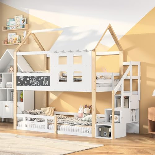 RWUDV Etagenbett 90 x 200 cm, Hausbett für 2 Kinder, Kinderbett mit Trittleiter und Rutsche, Graffiti-Board, Hochbett mit Lattenrost & Stauraum, Massivholz-Funktionsbett, ohne Matratze