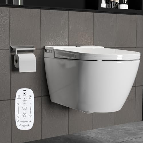 CASSILANDO Intelligente Wand Toilette, Smart Toilette Dusch WC, Intelligente Bidet-Toilette, Hängetoilette, Spültoilette, Eingebauter Heizsitz, Nachtlicht, Seitliche Bedienknöpfe, Weiße Farbe