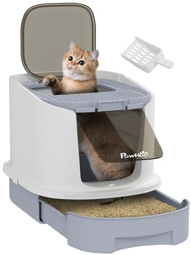 PawHut Arenero para Gatos Cubierto Caja de Arena Cerrado con Entrada Frontal Salida Superior Tapa Removible Bandeja Extraíble y Pala 40,5x52,5x42,5 cm Blanco y Gris