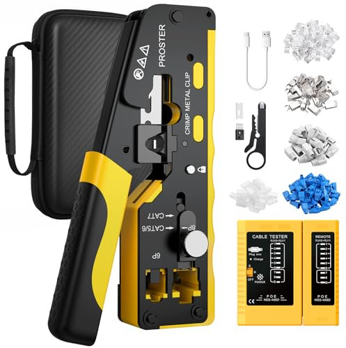 Proster Set di Crimpatura CAT7 Professionale con Design Passante 20 Connettori Schermati Tester di Rete Ricaricabile e Custodia Kit Completo per Reti ad Alta Velocità