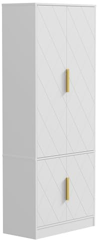 UEV Buffet Salle à Manger Haute 150 cm, Vaisselier Cuisine Haute à 4 Portes, 5 Étagères Réglables, Motif en Ligne, Manche Doré, pour Cuisine, Chambre, Salon, 60 x 30 x 150cm, Blanc