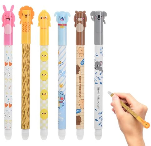 WUSJCOF Set aus 6 radierbaren Gelstiften mit wärmeempfindlicher Tinte und Motivdesigns (0,5 mm Spitze) (3 blau 3 schwarz)