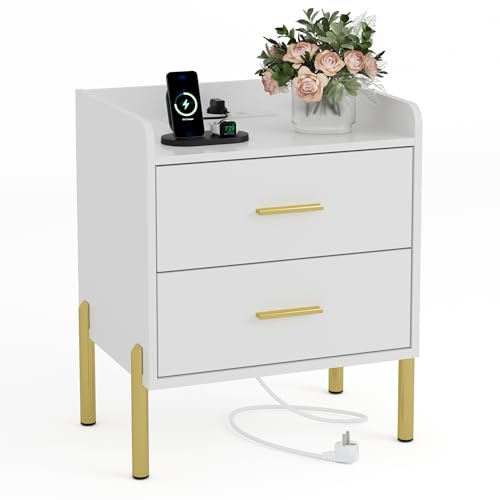 BonVache Nachttisch mit Steckdosen, Nachtschrank mit Ladefunktion und USB-Anschlüssen, Moderner Simplizistischer Stil, für Schlafzimmer, Metallische Tischbeine, Wohnzimmer, Weiß