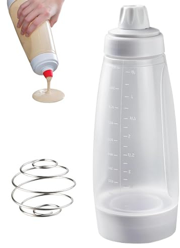 SHANXUMC Pancake Batter Dispenser Bottle with Blender Balls, 33 Oz | Squeeze Bottles with Graduated Lines and Sturdy Base for Cupcakes,Crepes,Muffins,Pancakes