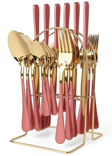 Knife and Fork Sets, 24 Pieces Cutlery Set with Holder, Gilded Silverware Set for 6 People – Includes Knives, Forks, Spoons – Dishwasher Safe, Easy to Clean (Pink)