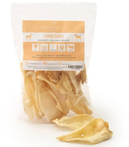Dragonfly Products Lamb Ears for Dogs & Puppies, Air-Dried Dental Chew | single ingredient, 82% protein, hypoallergenic, grain & gluten free, cleans teeth, rawhide free, 300g, from 8 weeks