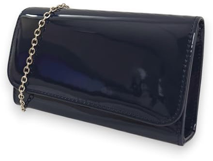 fi9® Pochette da donna in tinta unita, in vernice per matrimoni, feste, balli e serate, blu navy, medium