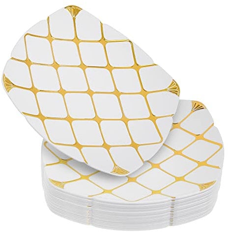 STACKABLES Paquete de 20 platos cuadrados de 10 pulgadas, platos blancos con diseño dorado, multiusos, de plástico duro, reutilizable, para aperitivos, ensalada y cena (platos de 10 pulgadas)