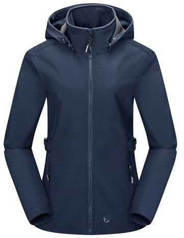 Outdoor Ventures Damen Softshelljacke Kurze Gefütterte Wasserdichte Übergangsjacke mit Abnehmbarer Kapuze Regenjacke Funktionsjacke Outdoor Regenmantel für Wandern Laufen Sporten Navy Blau XL