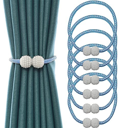 Newaner Magnetische Vorhang-Raffhalter Clips 6 Stück Vorhang Seil Schnallen Raffhalter Bindung Weben Krawatte Band für Home Office Fenster Deko (Blau)