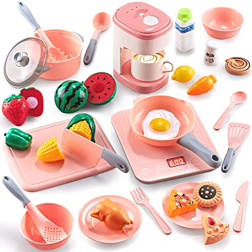 Kopi Corgi KinderKüche Zubehör Küchenspielzeug Set,36-Teiliges Kinder Küche Spielküche Zubehör mit Kaffeemaschine,Lebensmittel Spielzeug und Kochgeschirr,Geschenk für Kinder Mädchen Jungen ab 3 Jahre