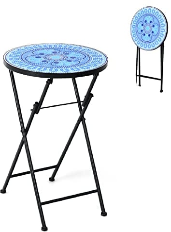 CASART Round Side Table, Folding Mosaic Accent Table Outdoor Dining Tables, Iron Frame Bistro Table Ceramic Tile Coffee Table for Garden Backyard Patio Poolside (Blue Four Leaf Clover)
