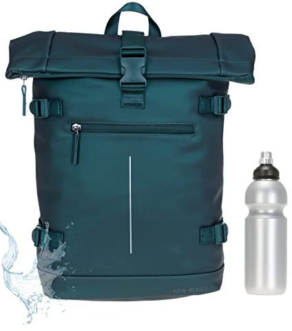 New Rebels Rucksack Damen Herren Kurierrucksack Laptop Notebook Fach Roll Top William 511306 + Flasche (Green Metallic 29)