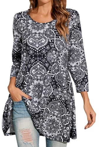 Enmain Ladies Tops Long Sleeve Black Tunic Womens Casual Longline 3/4 Sleeves Tunic Dress for Women UK Elegant Ethnic Tunics Blouse Shirts for Leggings,Black,L