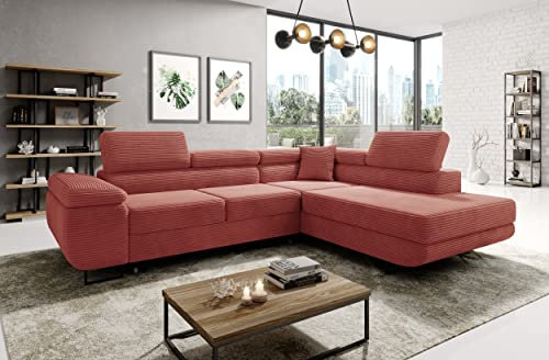 ML Furniture Ltd Avatar Kord Ecksofa in L-Form 277 x 73 x 203 cm mit Schlaffunktion und Bettzeugbehälter - Schlafsofa mit Bettkasten - Eckcouch mit Stauraum - Rechts - Farbe: Kord Rosa
