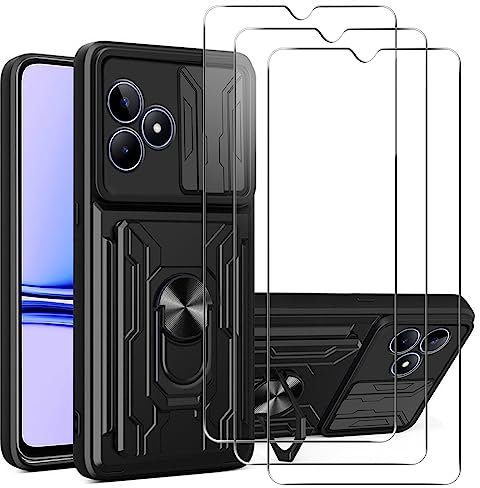 Funda para Realme C53/Realme C51/Realme Note 50 con Cristal Templado, Carcasa de PC dura y TPU Bumper Antigolpes Funda Protectora[Cubierta de Cámara Deslizante][Ranura para Tarjeta][Soporte Giratorio]