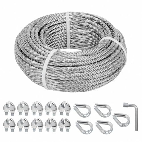 hannger Stahlseil 5mm Set, 15m verzinktes Drahtseil mit Seilklemme und Kausche, 7x7 Litzenkern Stahlkabel für Zaun, Schuppen, Sonnensegel, Rankhilfen für Kletterpflanzen