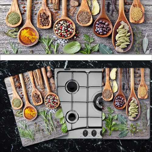 Pannello Copri Piano Cottura Induzione Fornelli Piastra Tagliere | Spezie su Legno | 52x75 cm | per 5 Fuochi | da Cucina | in Vetro Temprato | 2 Pezzi